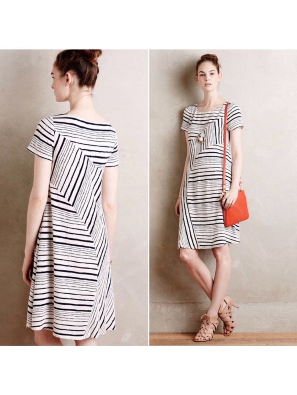 Maeve mixed stripe patchwork short sleeve swing dress white navy blue